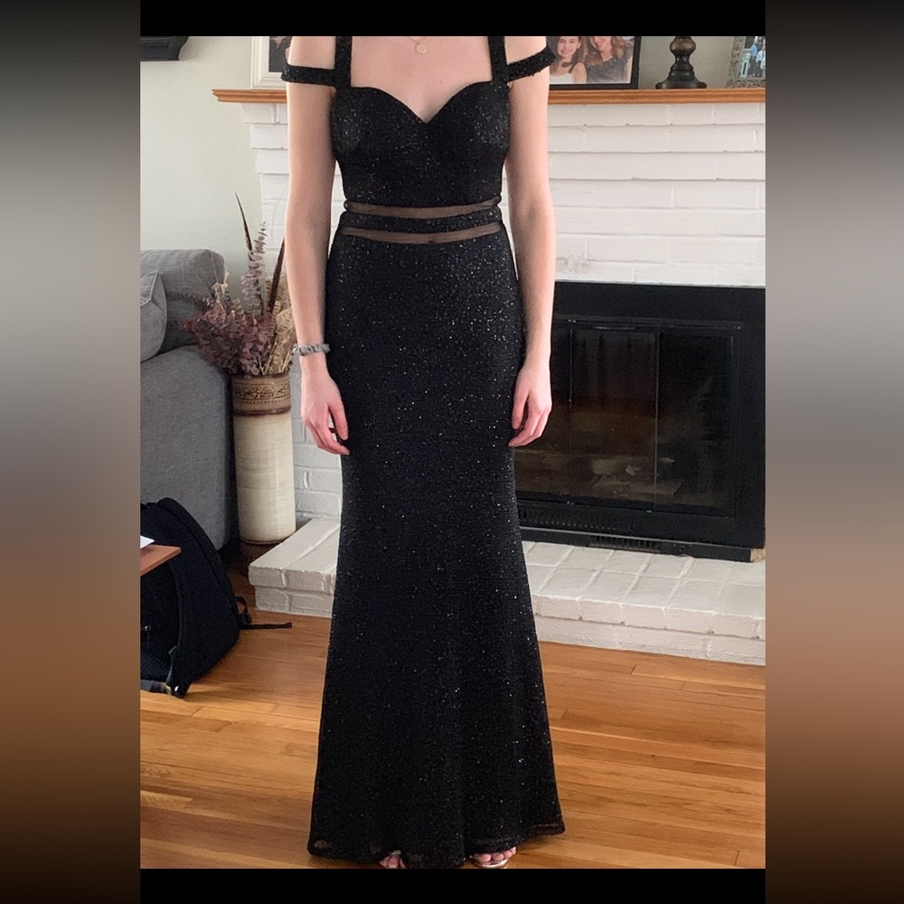 Off Shoulder Black Glitter Prom Dress